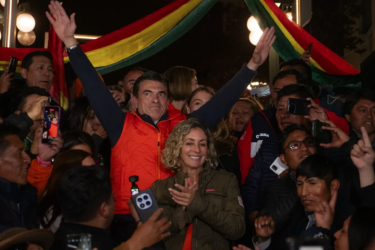Rodrigo Paz celebrates alongside his supporters on the night of Sunday, August 17. (Benjamin Swift)