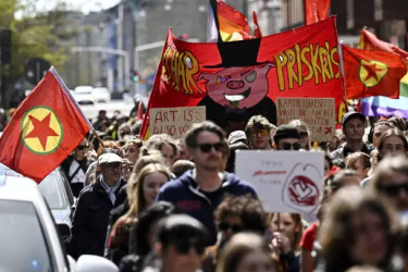 Supporters of the Swedish Left Party march through Malmö on International Workers’ Day, 1 May 2023.